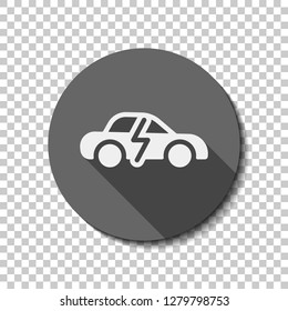 Eco logo of electric car with lightning mark, technology icon. flat icon, long shadow, circle, transparent grid. Badge or sticker style