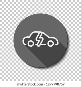 Eco logo of electric car with lightning mark, technology icon. flat icon, long shadow, circle, transparent grid. Badge or sticker style