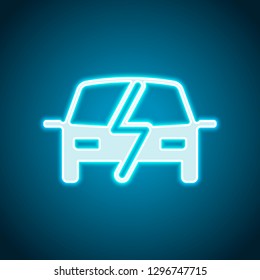 Eco logo of electric car with lightning mark, technology icon. Neon style. Light decoration icon. Bright electric symbol