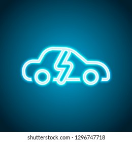 Eco logo of electric car with lightning mark, technology icon. Neon style. Light decoration icon. Bright electric symbol