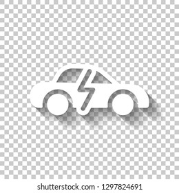 Eco logo of electric car with lightning mark, technology icon. White icon with shadow on transparent background
