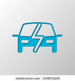 Eco logo of electric car with lightning mark, technology icon. Paper design. Cutted symbol with shadow
