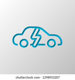 Eco logo of electric car with lightning mark, technology icon. Paper design. Cutted symbol with shadow