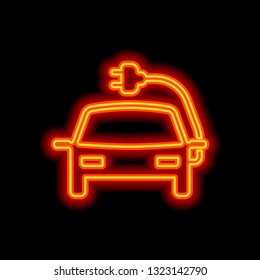 Eco logo of electric car with lightning mark, technology icon. Orange neon style on black background. Light icon