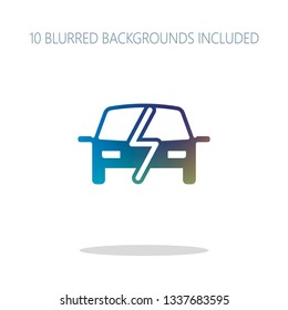 Eco logo of electric car with lightning mark, technology icon. Colorful logo concept with simple shadow on white. 10 different blurred backgrounds included