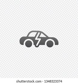 Eco logo of electric car with lightning mark, technology icon. On grid background
