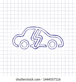 Eco logo of electric car with lightning mark, technology icon. Hand drawn picture on paper sheet. Blue ink, outline sketch style. Doodle on checkered background