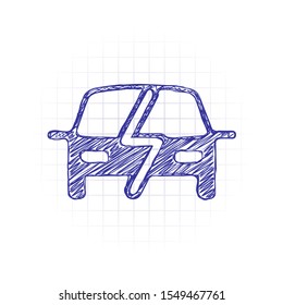 Eco logo of electric car with lightning mark, technology icon. Hand drawn sketched picture with scribble fill. Blue ink. Doodle on white background