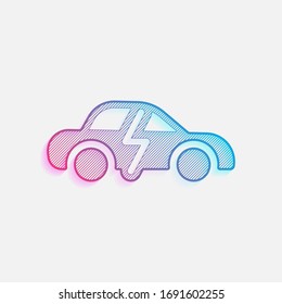 Logotipo ecológico de camión eléctrico con rayo, icono tecnológico. Logo coloreado con líneas diagonales y degradado azul-rojo. Gráfico neón, efecto ligero