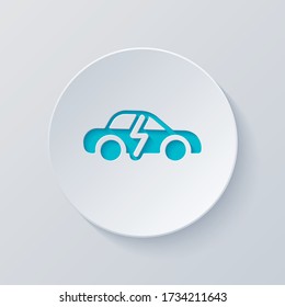 Logotipo ecológico de coche eléctrico con marca de alumbrado, icono tecnológico. Cortar círculo con capas grises y azules. Estilo de papel