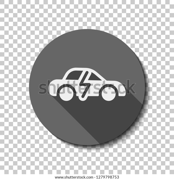 Eco logo of electric car with lightning mark,\
technology icon. flat icon, long shadow, circle, transparent grid.\
Badge or sticker style
