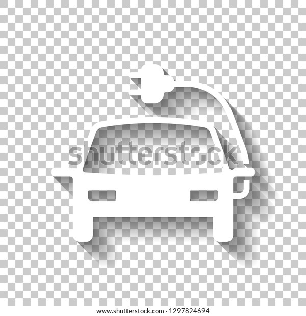 Eco logo of\
electric car with lightning mark, technology icon. White icon with\
shadow on transparent\
background
