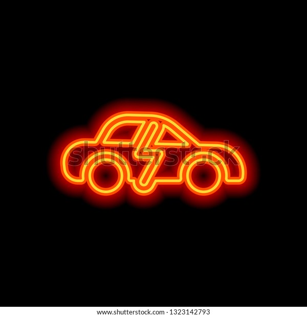Eco logo of\
electric car with lightning mark, technology icon. Orange neon\
style on black background. Light\
icon