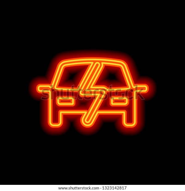 Eco logo of\
electric car with lightning mark, technology icon. Orange neon\
style on black background. Light\
icon