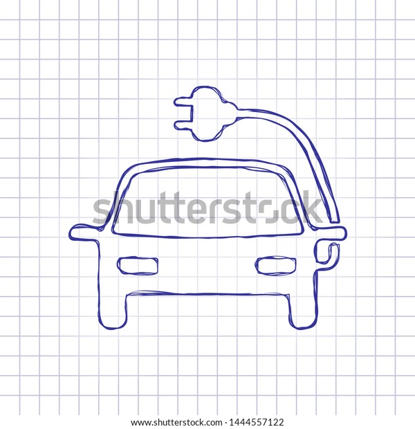 Eco logo of electric car\
with lightning mark, technology icon. Hand drawn picture on paper\
sheet. Blue ink, outline sketch style. Doodle on checkered\
background