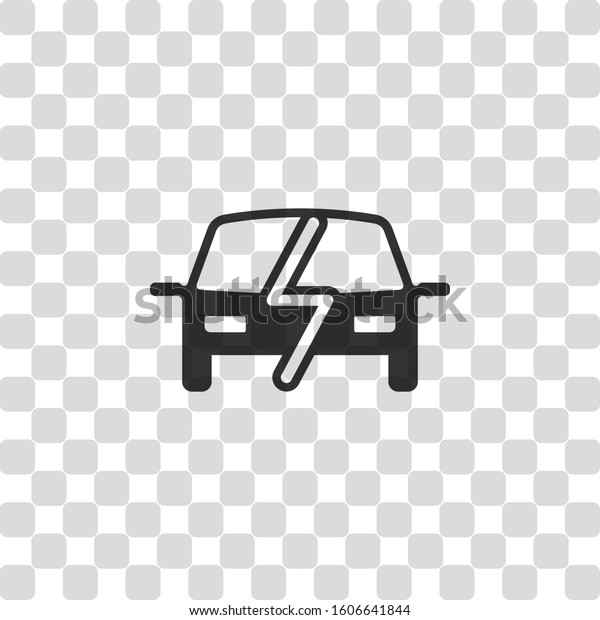 Eco logo of electric car with\
lightning mark, technology icon. Black symbol on transparency\
grid