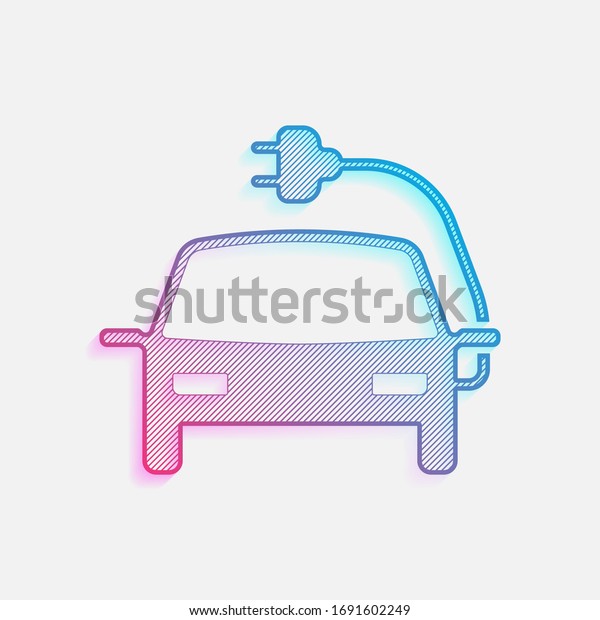 Eco logo of electric car with lightning mark,\
technology icon. Colored logo with diagonal lines and blue-red\
gradient. Neon graphic, light\
effect