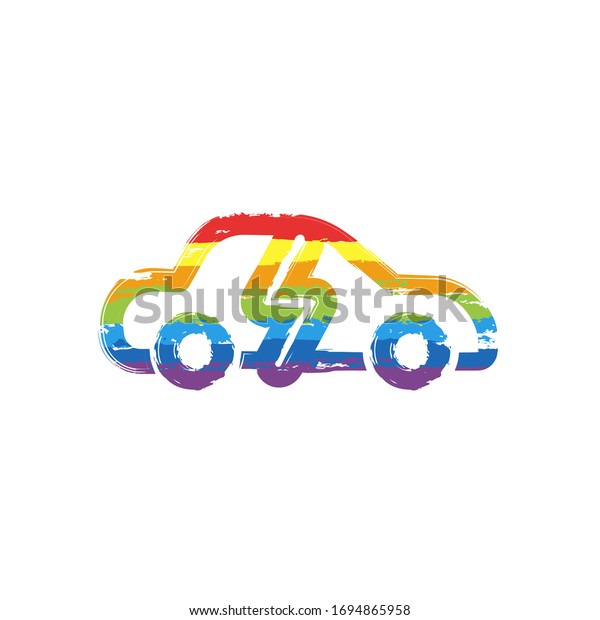 Eco logo of electric car with\
lightning mark, technology icon. Drawing sign with LGBT style,\
seven colors of rainbow (red, orange, yellow, green, blue, indigo,\
violet