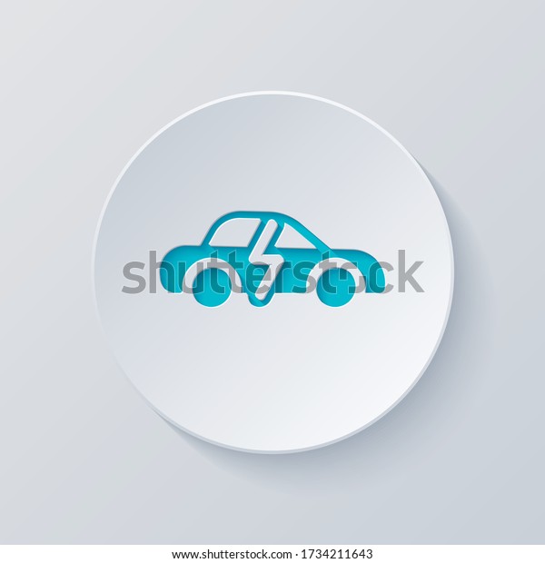 Eco logo of\
electric car with lightning mark, technology icon. Cut circle with\
gray and blue layers. Paper\
style