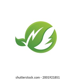 Eco logo forms leaves with a lightning symbol in green color