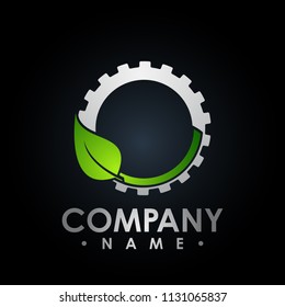 Eco logo with leaf and gear symbol, colored test tube with fresh green lea and gear logo, bio Eco logo vector