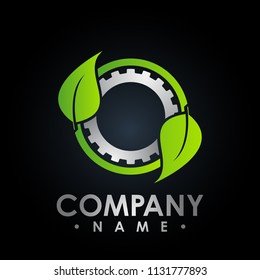 Eco logo with leaf and gear symbol, colored test tube with fresh green lea and gear logo, bio Eco logo vector