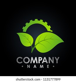 Eco logo with leaf and gear symbol, colored test tube with fresh green lea and gear logo, bio Eco logo vector