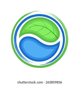 Eco logo mockup, plant green leaf and blue drop water round emblem, Earth day ecology icon