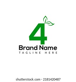 Eco Logo On Letter 4 Template. Eco On 4 Letter, Initial Eco, Leaf, Nature Sign Concept