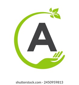 Eco Logo On Letter A Concept with Hand and Leaf Symbol. Recycle Sign