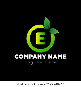 Eco Logo On Letter E Template. Eco On E Letter, Initial Eco, Leaf, Nature, Green Sign Concept	
