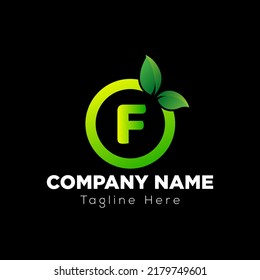 Eco Logo On Letter F Template. Eco On F Letter, Initial Eco, Leaf, Nature, Green Sign Concept	