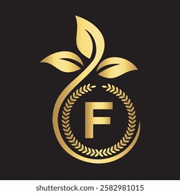 Eco Logo On Letter F With Green Leaf and Ribbon Symbol 