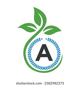 Eco Logo On Letter A With Green Leaf and Ribbon Symbol 