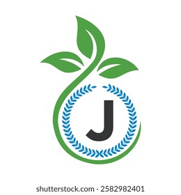 Eco Logo On Letter J With Green Leaf and Ribbon Symbol 