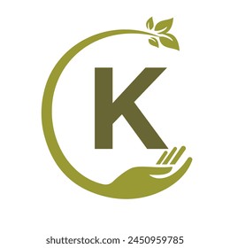 Eco Logo On Letter K Concept with Hand and Leaf Symbol. Recycle Sign