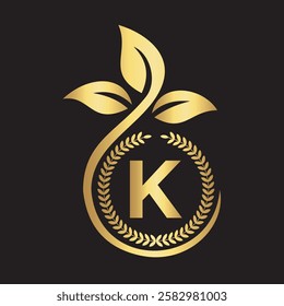 Eco Logo On Letter K With Green Leaf and Ribbon Symbol 