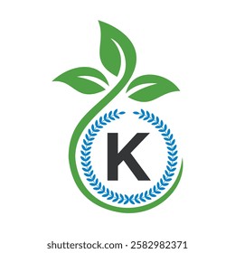 Eco Logo On Letter K With Green Leaf and Ribbon Symbol 