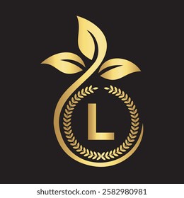 Eco Logo On Letter L With Green Leaf and Ribbon Symbol 