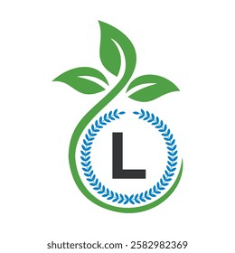 Eco Logo On Letter L With Green Leaf and Ribbon Symbol 