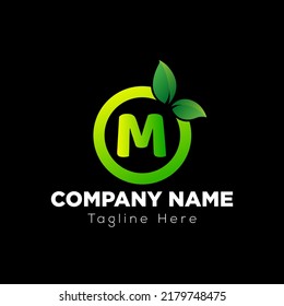 Eco Logo On Letter M Template. Eco On M Letter, Initial Eco, Leaf, Nature, Green Sign Concept	