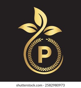 Eco Logo On Letter P With Green Leaf and Ribbon Symbol 