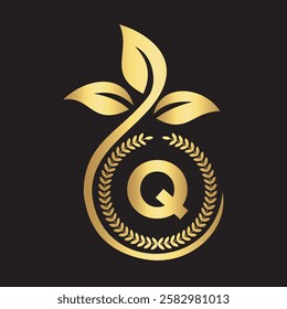 Eco Logo On Letter Q With Green Leaf and Ribbon Symbol 