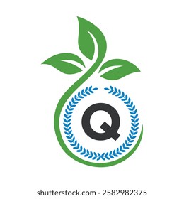 Eco Logo On Letter Q With Green Leaf and Ribbon Symbol 