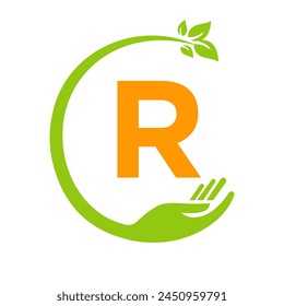 Eco Logo On Letter R Concept with Hand and Leaf Symbol. Recycle Sign