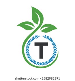 Eco Logo On Letter T With Green Leaf and Ribbon Symbol 