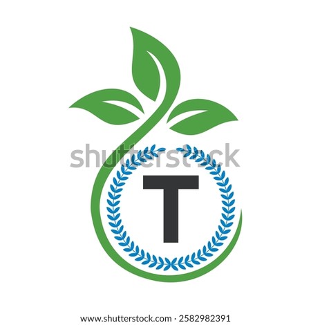 Eco Logo On Letter T With Green Leaf and Ribbon Symbol 