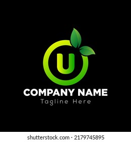 Eco Logo On Letter U Template. Eco On U Letter, Initial Eco, Leaf, Nature, Green Sign Concept	