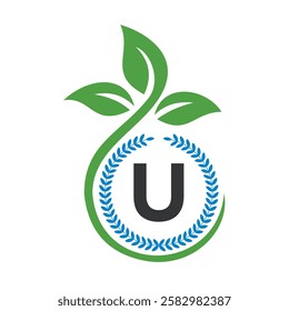 Eco Logo On Letter U With Green Leaf and Ribbon Symbol 