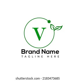 Eco Logo On Letter V Template. Eco On V Letter, Initial Eco, Leaf, Nature Sign Concept